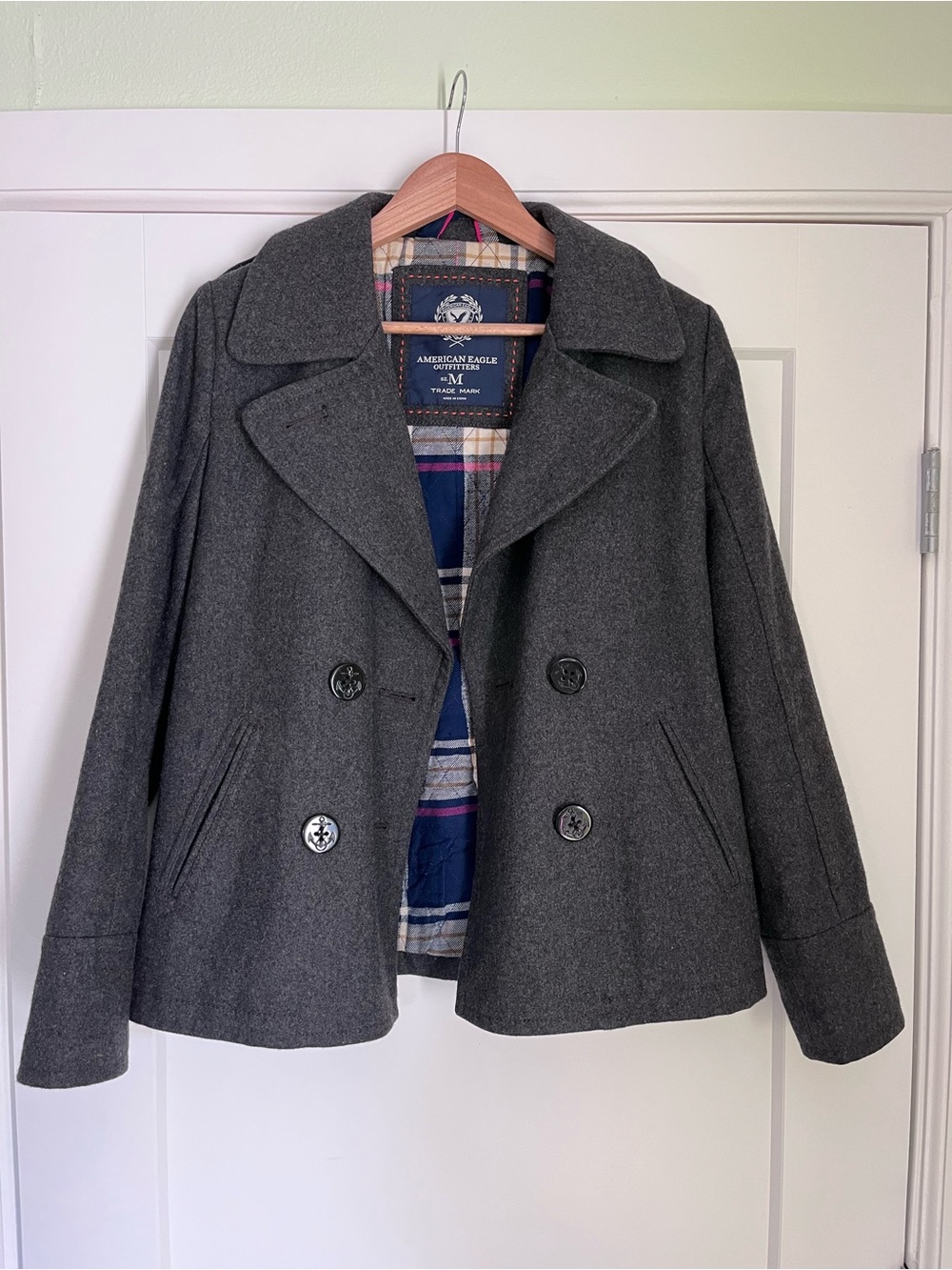American Eagle Outfitters Women’s Charcoal Gray Double-Breasted Peacoat